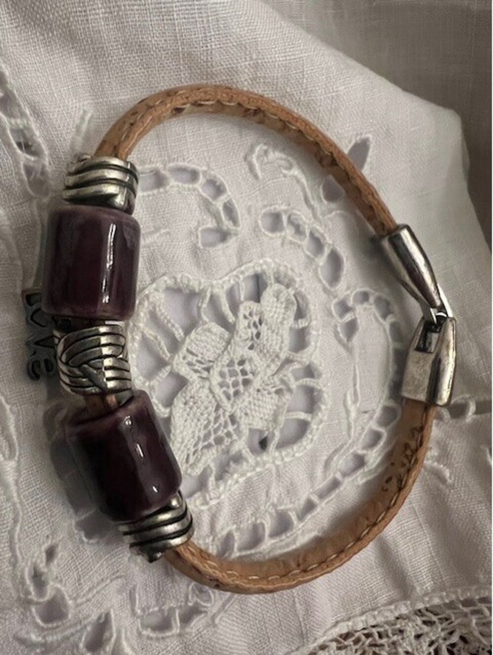 Cork and Silver  and Amethyst Colored Stone Bracelet
